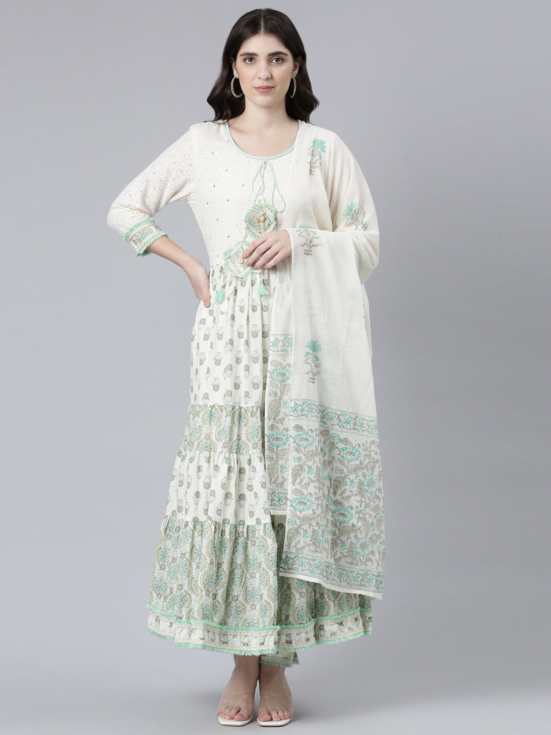 Neerus Sea Green Pleated Flared Printed Kurta And Trousers With Dupatta
