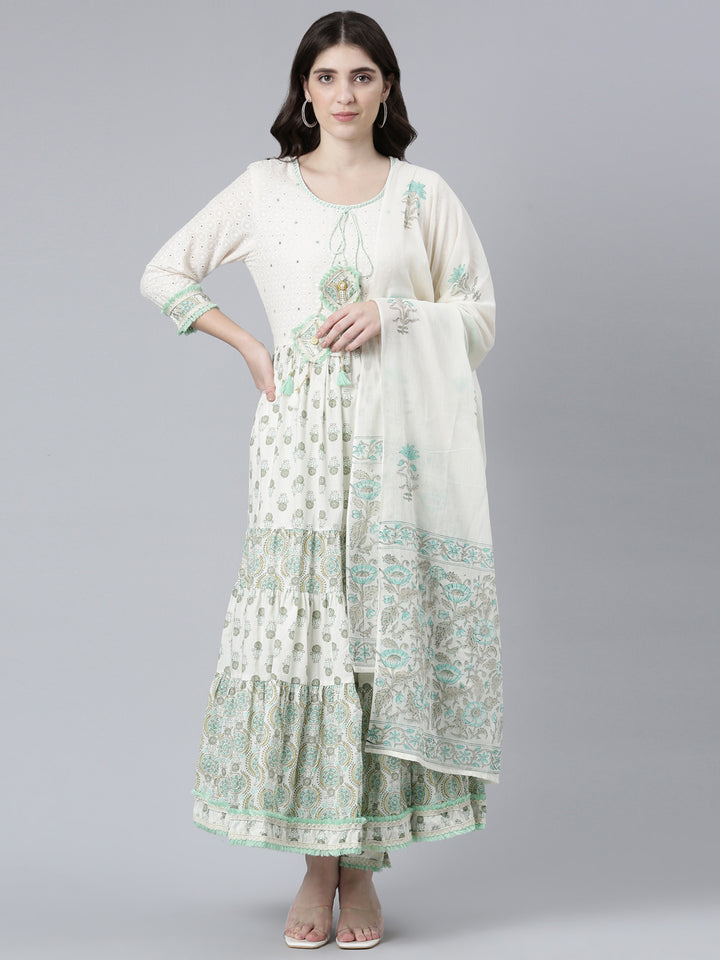 Neerus Sea Green Pleated Flared Printed Kurta And Trousers With Dupatta
