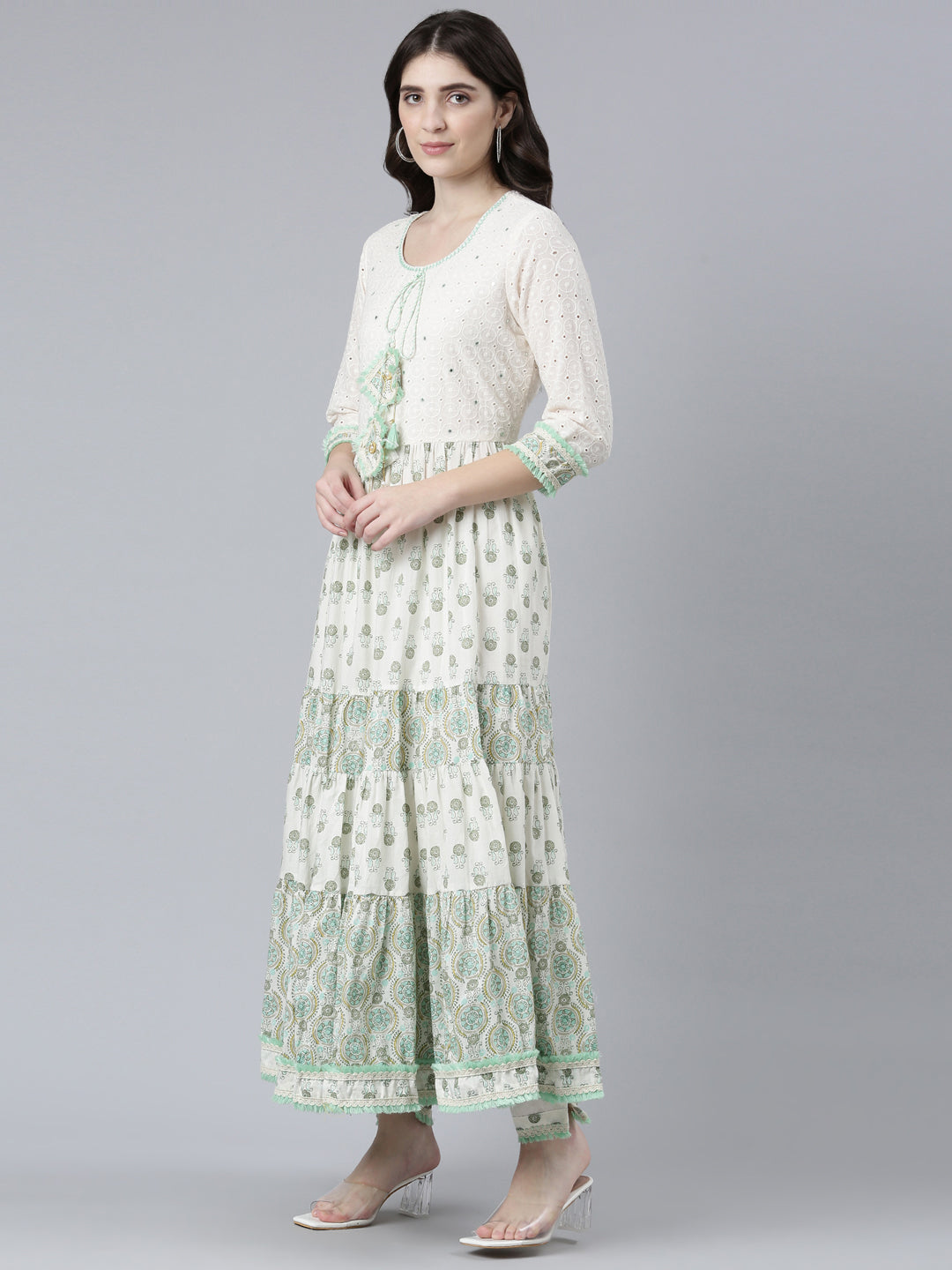 Neerus Sea Green Pleated Flared Printed Kurta And Trousers With Dupatta