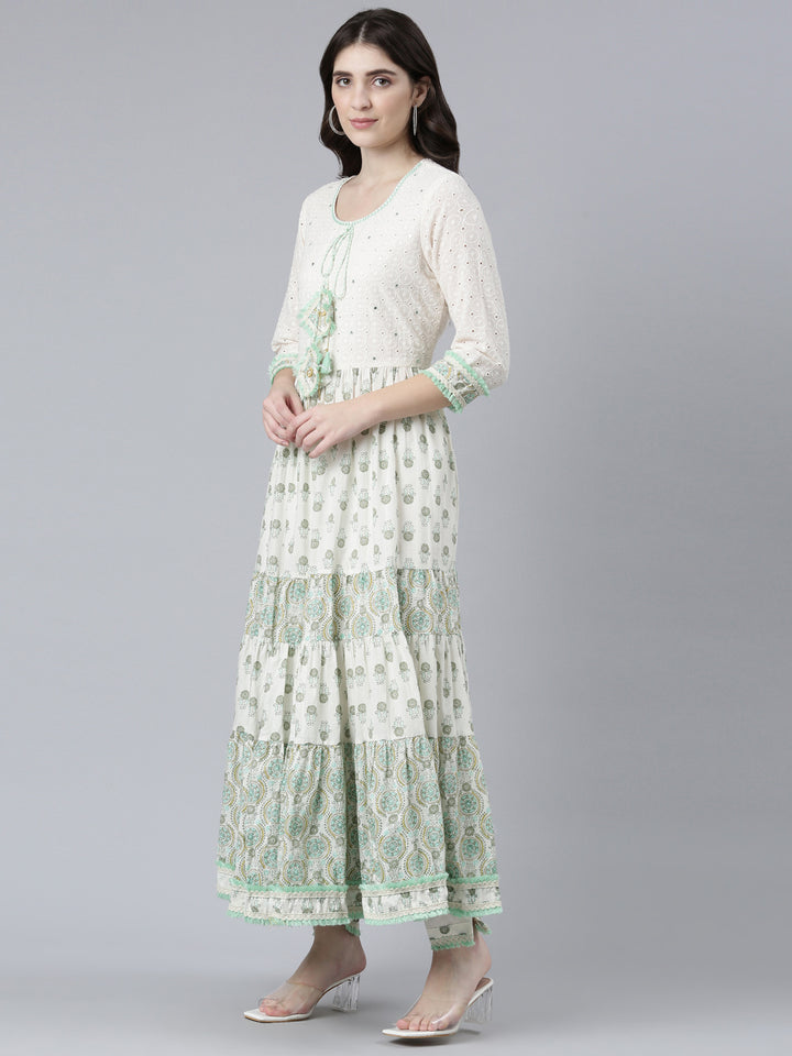 Neerus Sea Green Pleated Flared Printed Kurta And Trousers With Dupatta