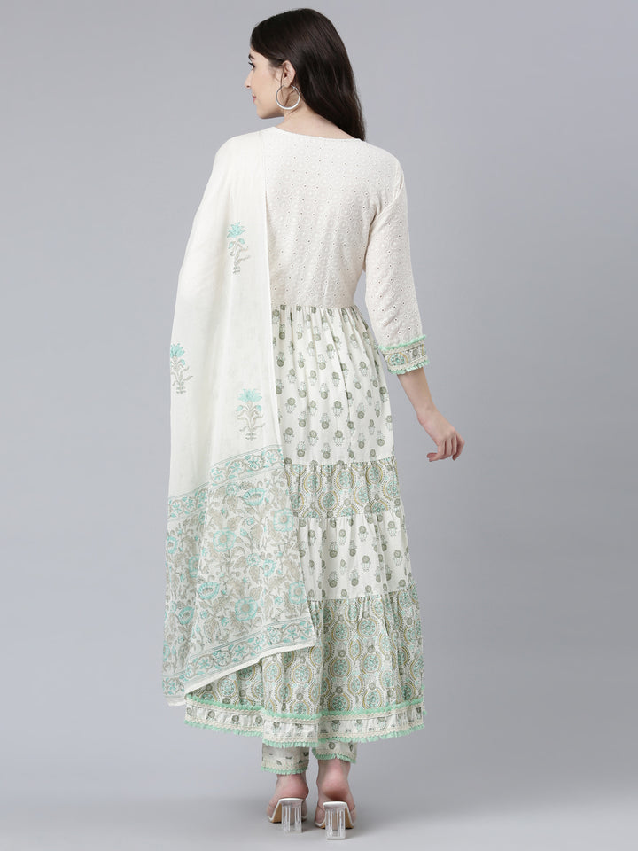 Neerus Sea Green Pleated Flared Printed Kurta And Trousers With Dupatta