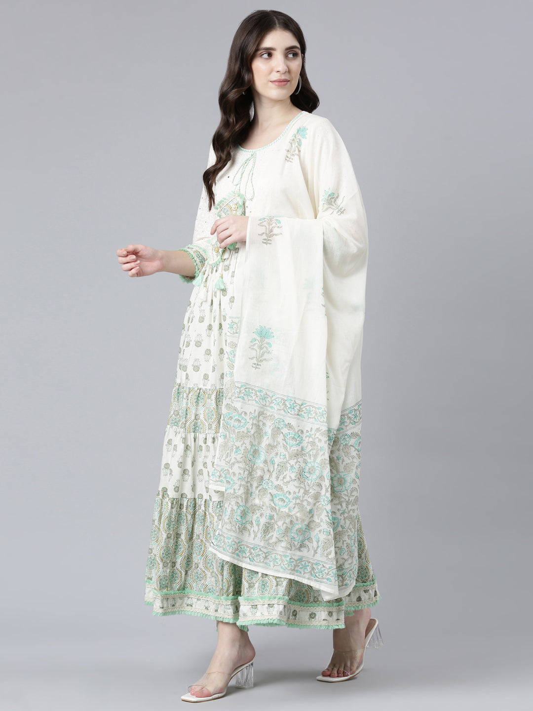 Neerus Sea Green Pleated Flared Printed Kurta And Trousers With Dupatta