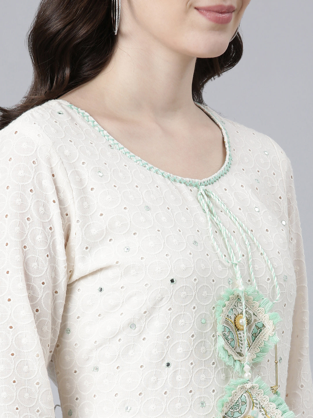 Neerus Sea Green Pleated Flared Printed Kurta And Trousers With Dupatta