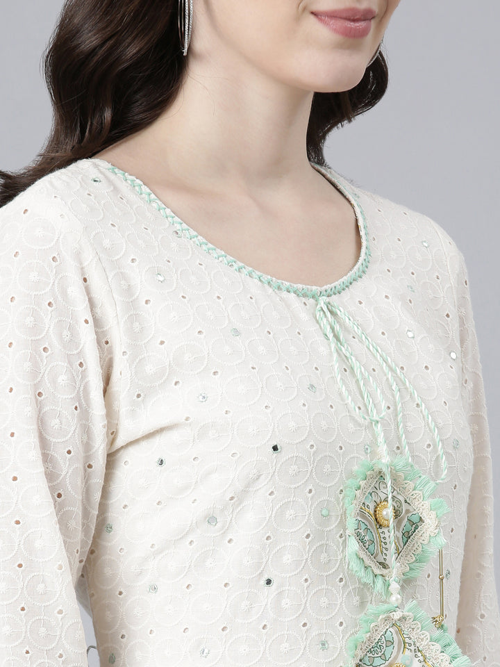 Neerus Sea Green Pleated Flared Printed Kurta And Trousers With Dupatta