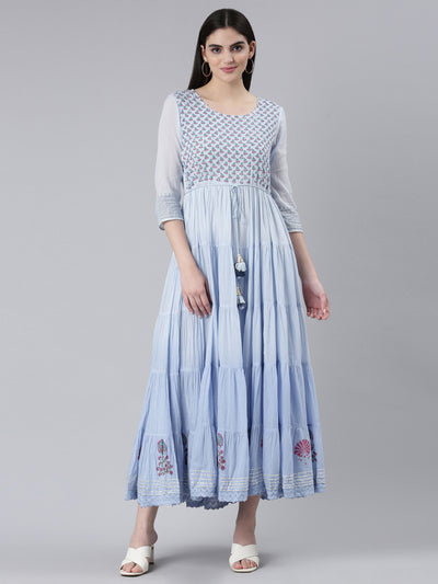 Neerus Blue Flared Casual Printed Gown