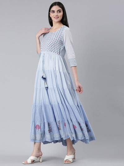 Neerus Blue Flared Casual Printed Gown