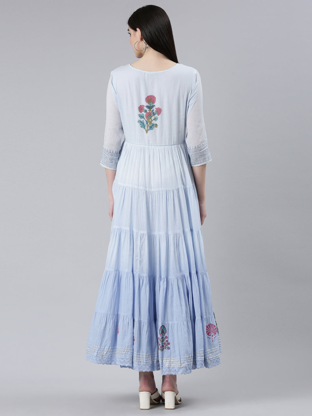 Neerus Blue Flared Casual Printed Gown