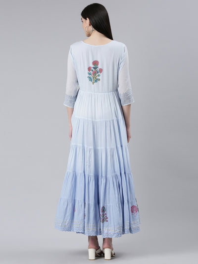 Neerus Blue Flared Casual Printed Gown