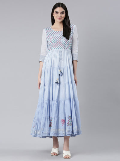 Neerus Blue Flared Casual Printed Gown