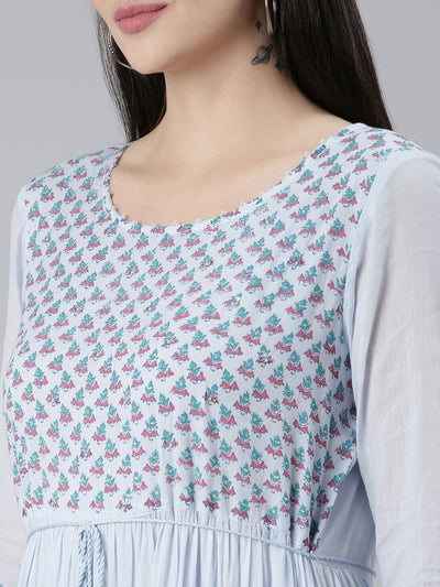 Neerus Blue Flared Casual Printed Gown
