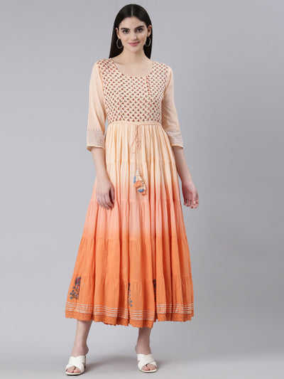 Neeru's Peach Flared Casual Printed Dress