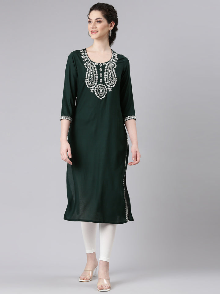 Neerus Green Straight Casual Solid Kurtas