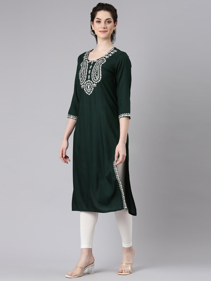 Neerus Green Straight Casual Solid Kurtas
