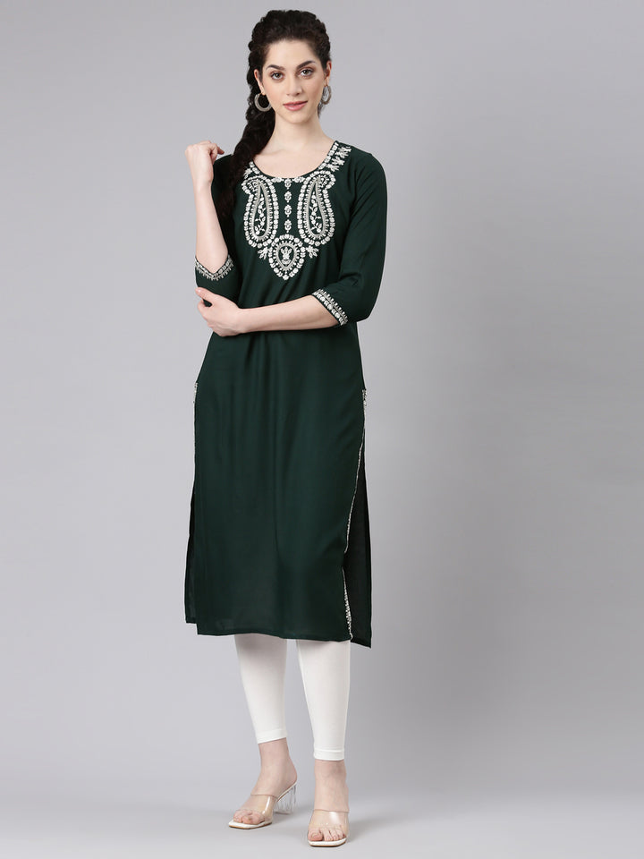 Neerus Green Straight Casual Solid Kurtas