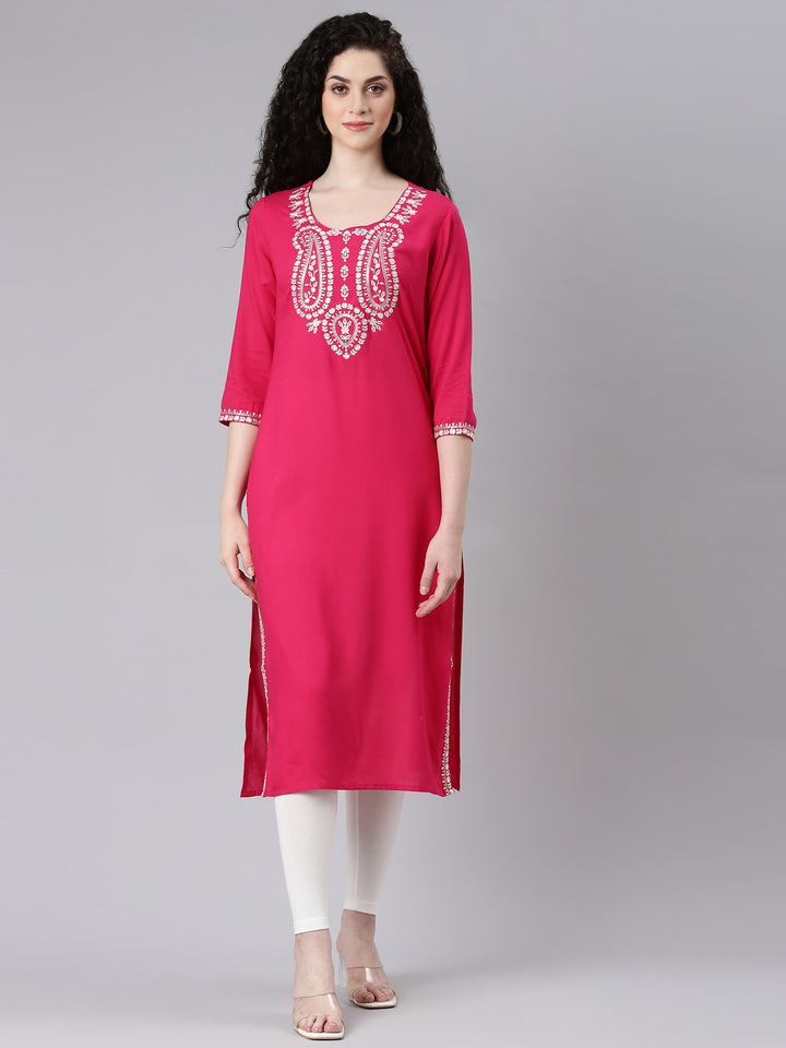 Neerus Pink Straight Casual Solid Kurtas