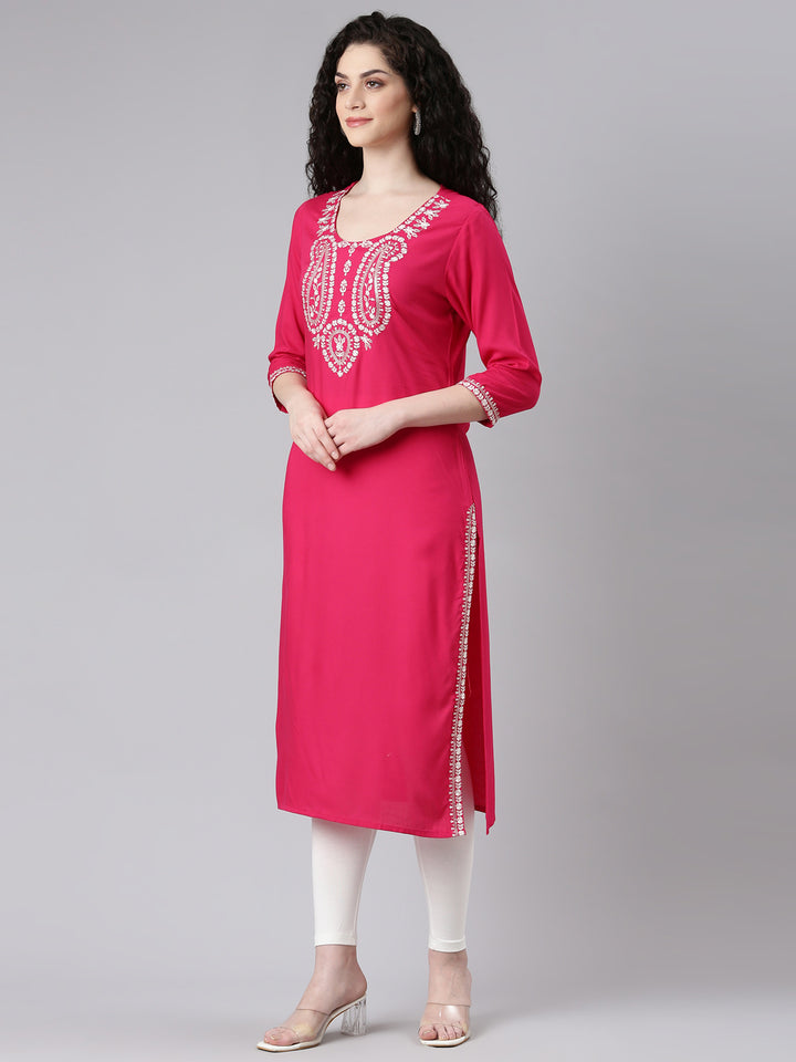 Neerus Pink Straight Casual Solid Kurtas