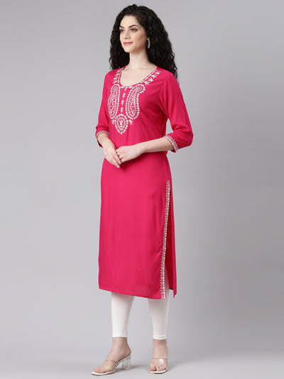 Neerus Pink Straight Casual Solid Kurtas