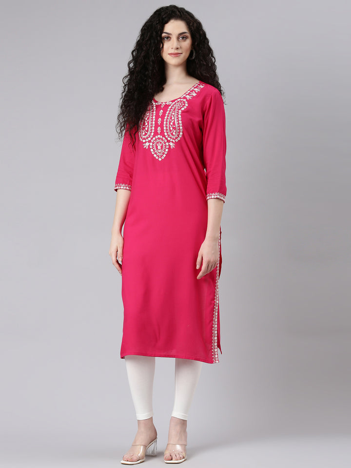 Neerus Pink Straight Casual Solid Kurtas