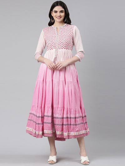 Neerus Pink Flared Casual Printed Gown
