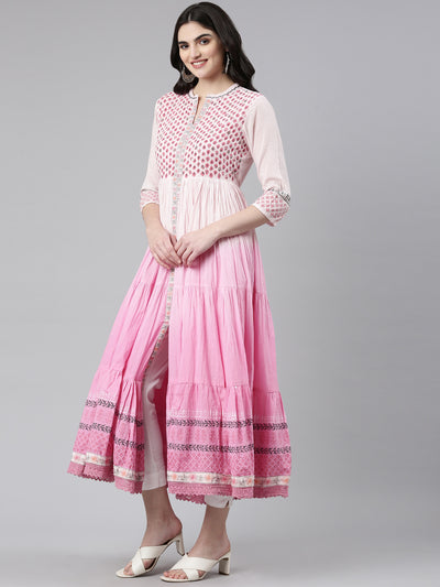 Neerus Pink Flared Casual Printed Gown