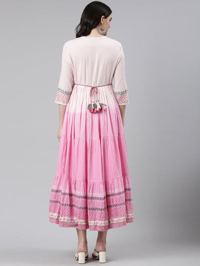 Neerus Pink Flared Casual Printed Gown