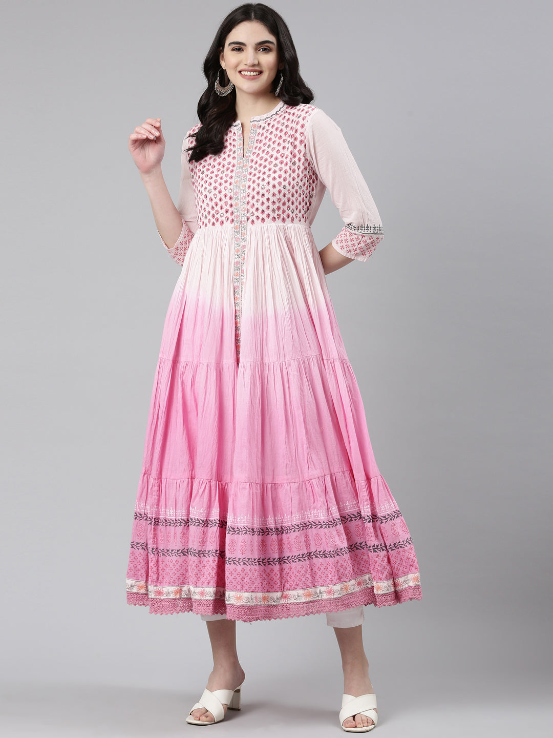 Neerus Pink Flared Casual Printed Gown