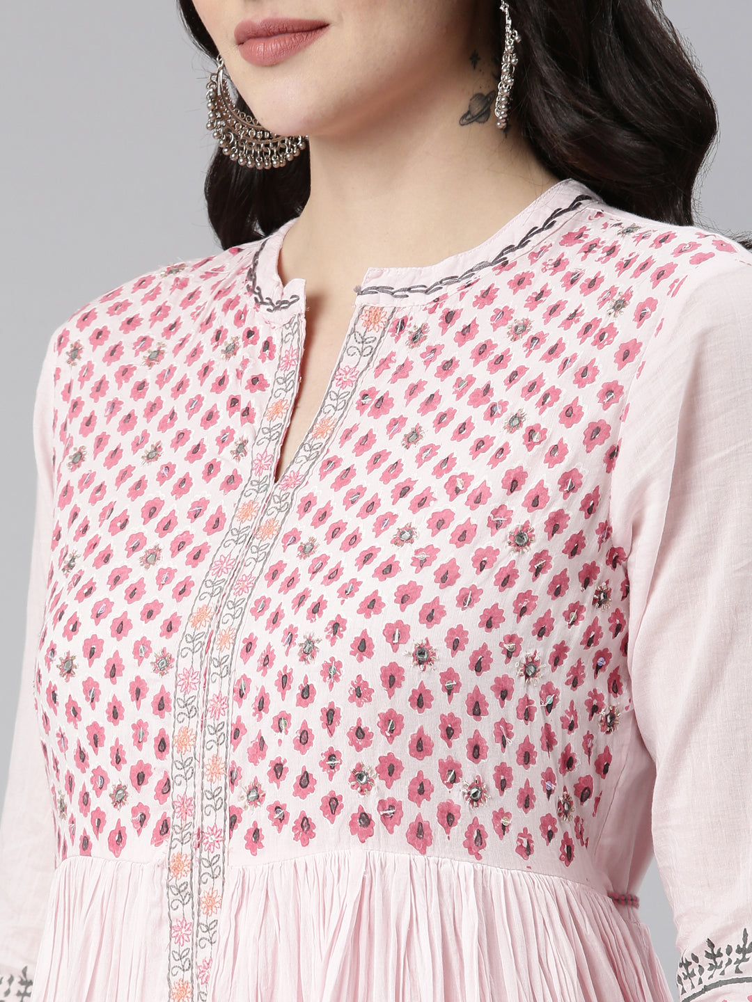 Neerus Pink Flared Casual Printed Gown