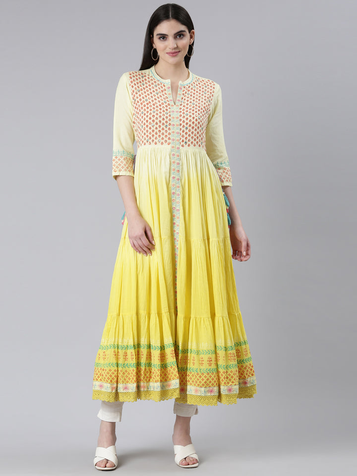 Neerus Yellow Flared Casual Printed Dress