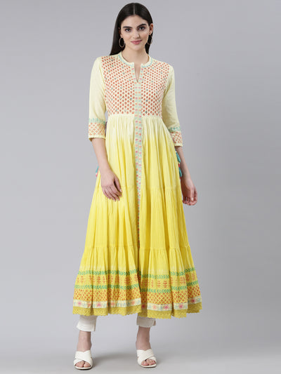 Neerus Yellow Flared Casual Printed Gown