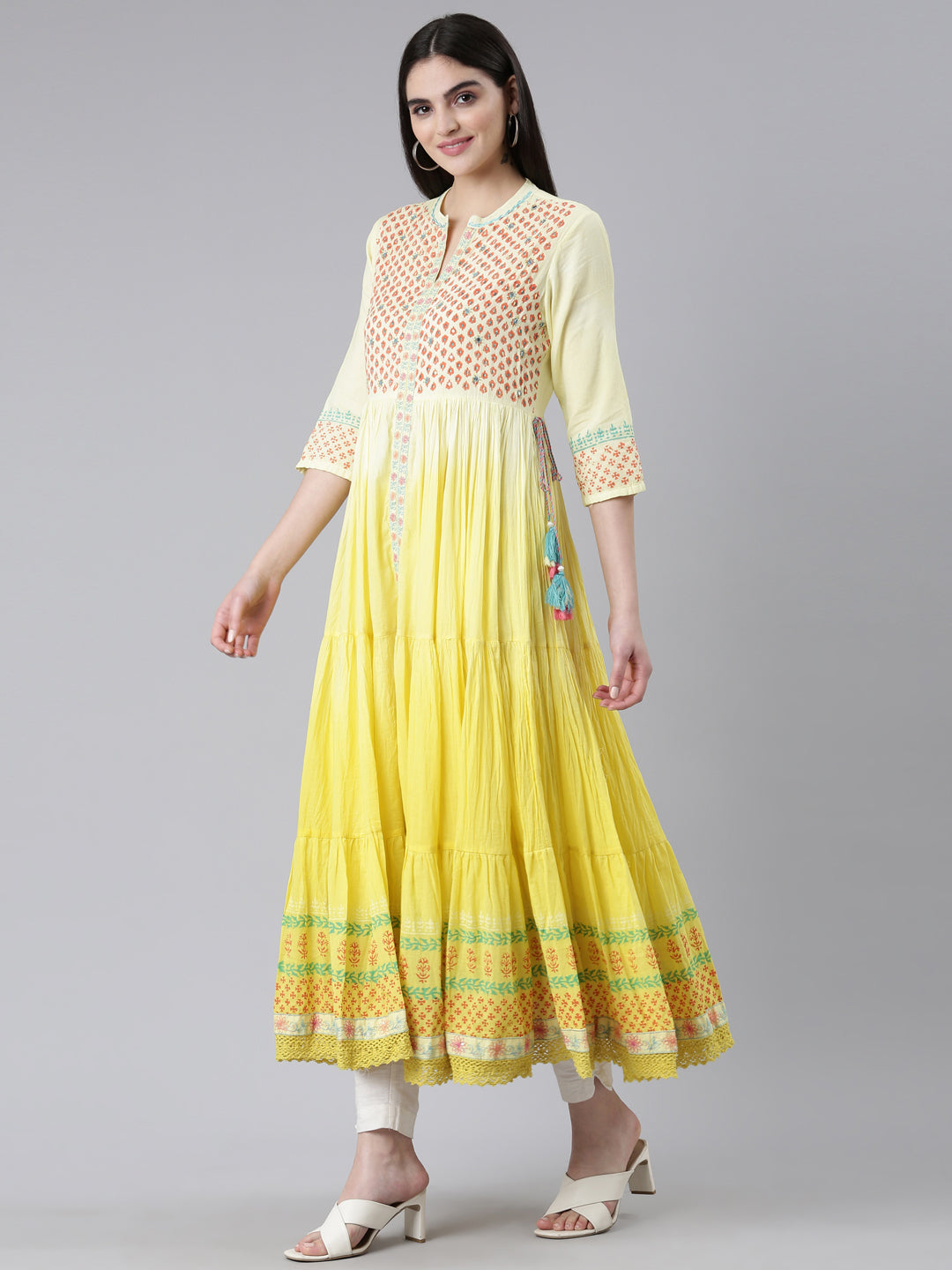 Neerus Yellow Flared Casual Printed Gown