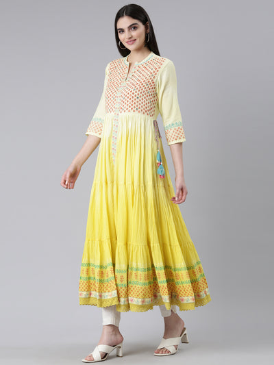 Neerus Yellow Flared Casual Printed Gown