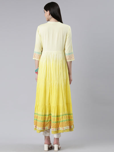 Neerus Yellow Flared Casual Printed Gown