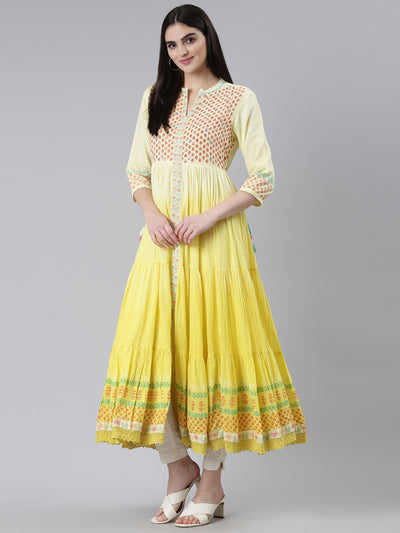 Neerus Yellow Flared Casual Printed Gown