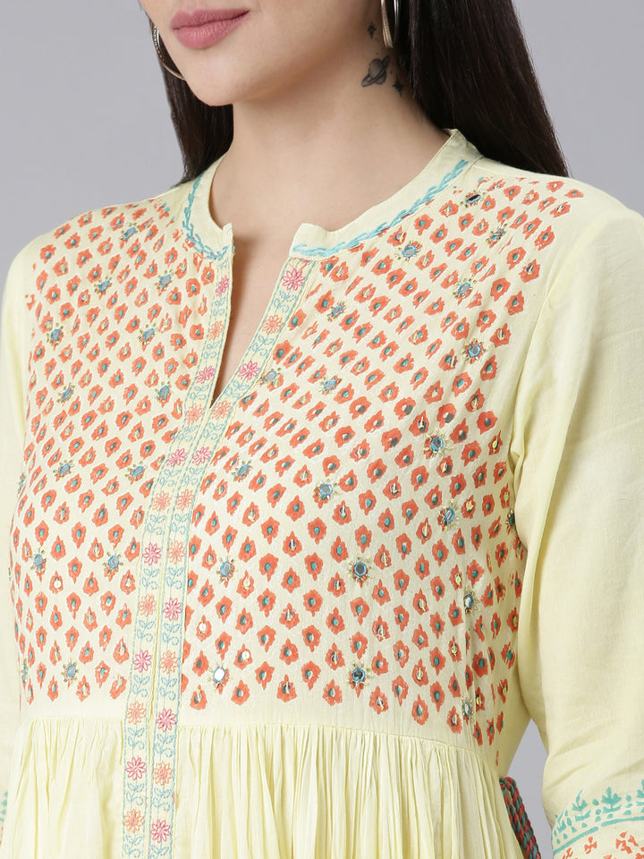 Neerus Yellow Flared Casual Printed Dress