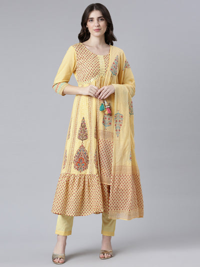 Neerus Yellow Regular Flared Printed Kurta And Trousers With Dupatta