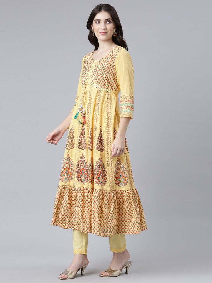 Neerus Yellow Regular Flared Printed Kurta And Trousers With Dupatta