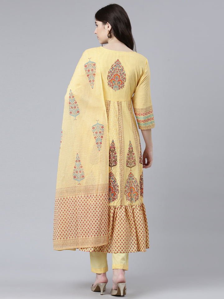 Neerus Yellow Regular Flared Printed Kurta And Trousers With Dupatta