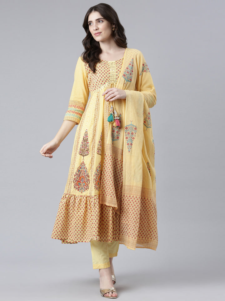 Neerus Yellow Regular Flared Printed Kurta And Trousers With Dupatta