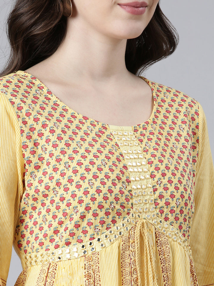 Neerus Yellow Regular Flared Printed Kurta And Trousers With Dupatta