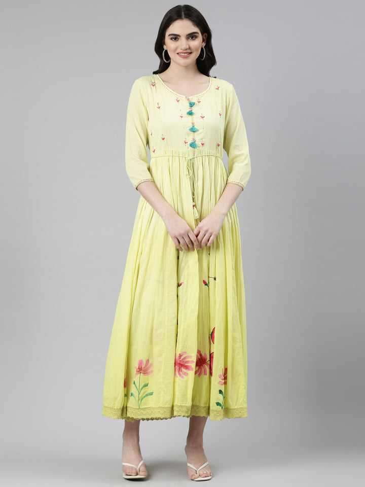 Neerus Yellow Straight Casual Printed Dress