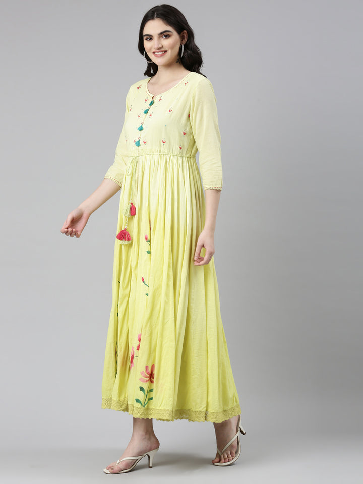 Neerus Yellow Straight Casual Printed Dress