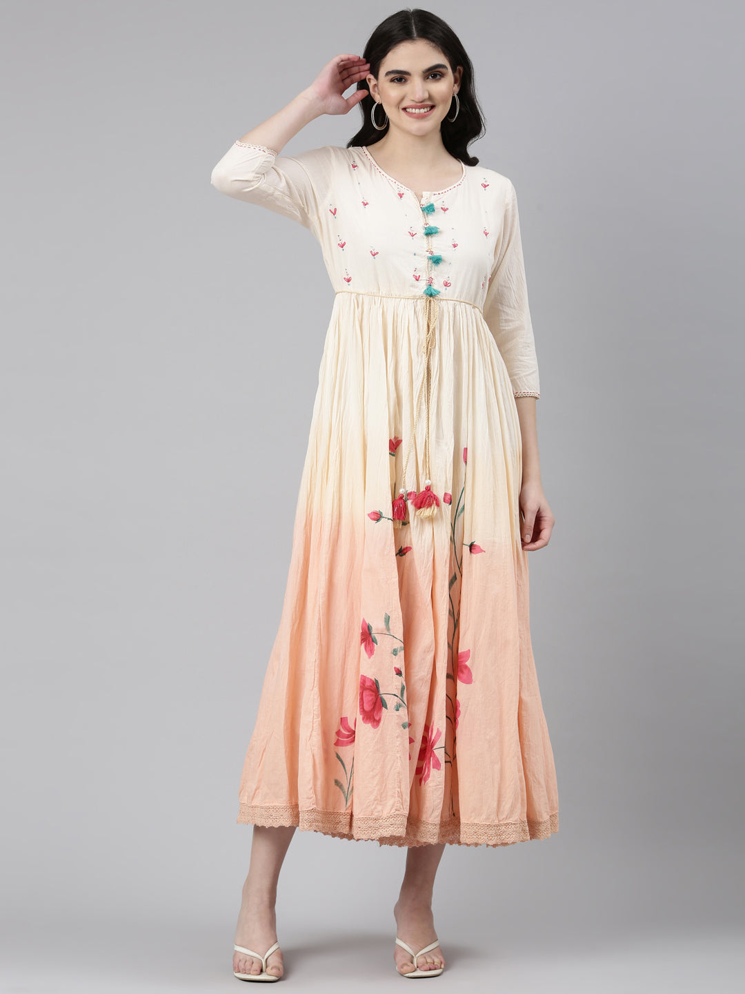 Neerus Peach Straight Casual Printed Gown