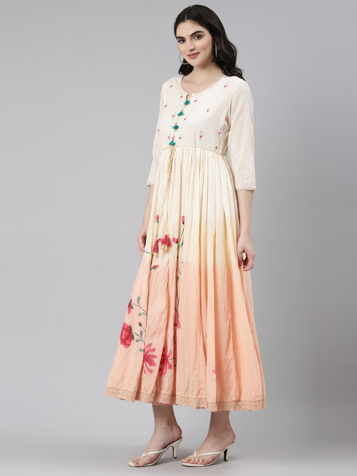 Neerus Peach Straight Casual Printed Gown