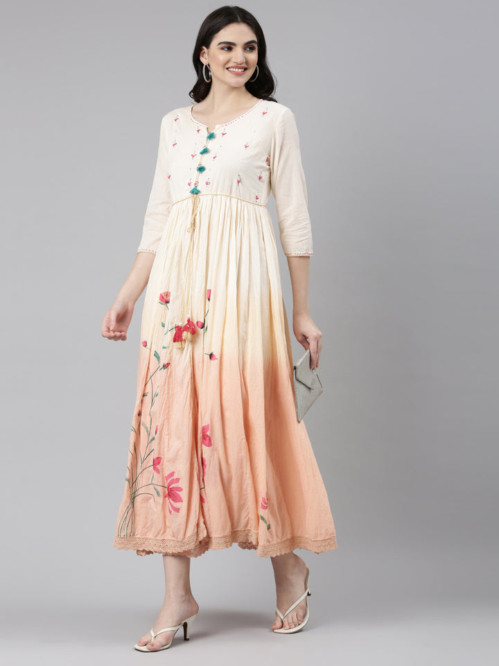 Neerus Peach Straight Casual Printed Gown