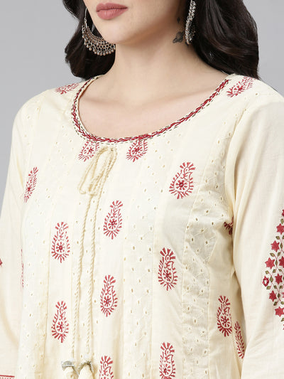 Neerus Cream Regular Anarkali Printed Kurta And Trousers With Dupatta