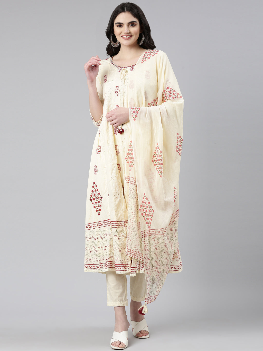Neerus Cream Regular Anarkali Printed Kurta And Trousers With Dupatta