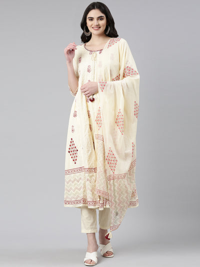 Neerus Cream Regular Anarkali Printed Kurta And Trousers With Dupatta