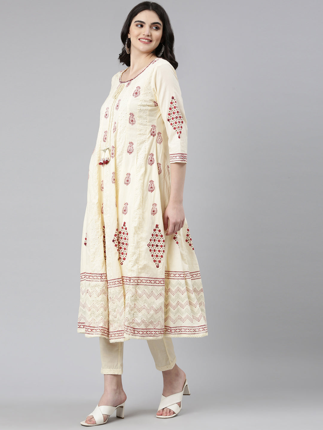 Neerus Cream Regular Anarkali Printed Kurta And Trousers With Dupatta