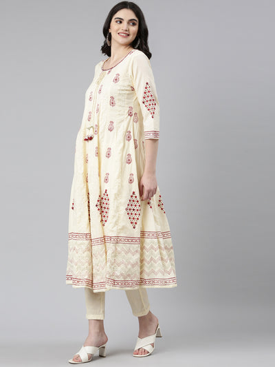 Neerus Cream Regular Anarkali Printed Kurta And Trousers With Dupatta
