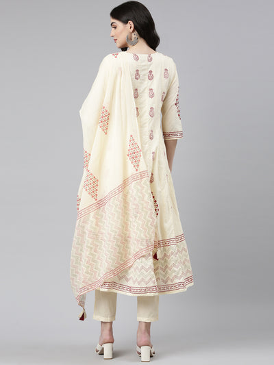 Neerus Cream Regular Anarkali Printed Kurta And Trousers With Dupatta